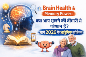 दिमाग और याददाश्त (Brain Health) को दर्शाती इमेज जिसमें एक ग्लोइंग ब्रेन, पढ़ाई का प्रतीक खुली किताब, और एक बुजुर्ग कपल स्वस्थ और खुश दिखाई दे रहे हैं