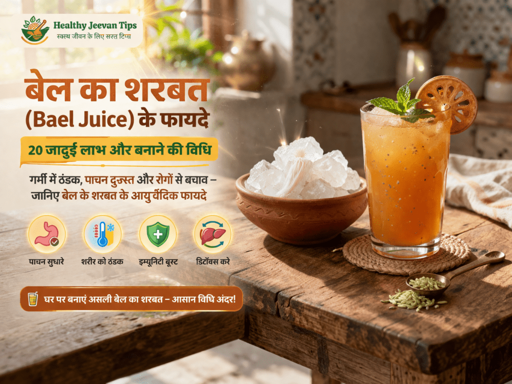 बेल का शरबत (Bael Juice) से भरा हुआ गिलास, साथ में बेल फल और Healthy Jeevan Tips लोगो के साथ गर्मियों के हेल्थ ड्रिंक की इमेज।