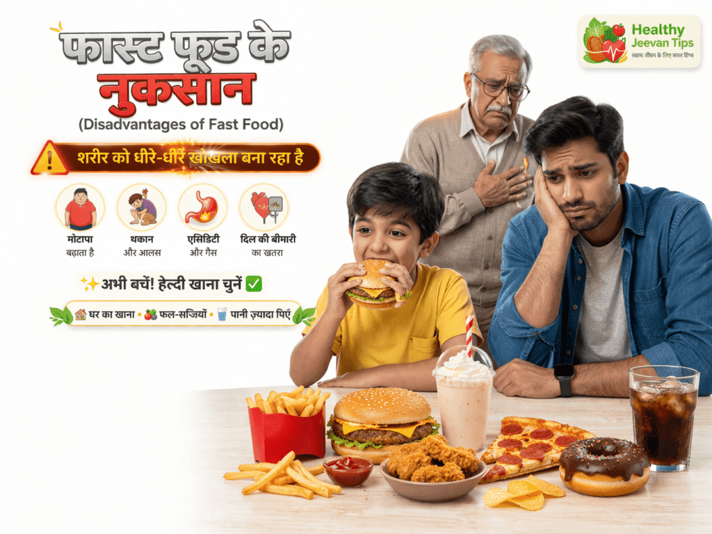 सफेद बैकग्राउंड पर फास्ट फूड के नुकसान दिखाती हुई इमेज, जिसमें एक बच्चा बर्गर खा रहा है और साथ में बड़े लोग चिंतित दिखाई दे रहे हैं, साथ में जंक फूड आइटम्स और Healthy Jeevan Tips लोगो।