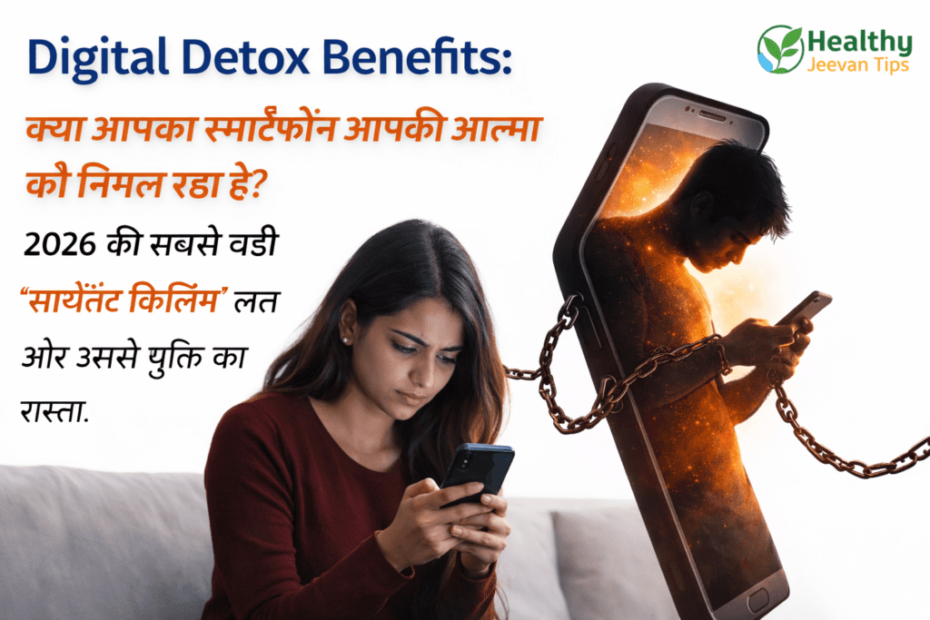 डिजिटल डिटॉक्स (Digital Detox) थीम की इमेज जिसमें एक लड़की स्मार्टफोन में उलझी हुई दिख रही है और दूसरी तरफ एक व्यक्ति फोन में कैद होकर चेन से बंधा हुआ दिखाई दे रहा है, जो मोबाइल एडिक्शन को दर्शाता है।