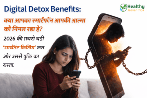 डिजिटल डिटॉक्स (Digital Detox) थीम की इमेज जिसमें एक लड़की स्मार्टफोन में उलझी हुई दिख रही है और दूसरी तरफ एक व्यक्ति फोन में कैद होकर चेन से बंधा हुआ दिखाई दे रहा है, जो मोबाइल एडिक्शन को दर्शाता है।