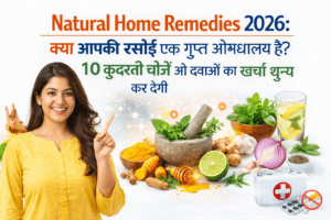 सफेद बैकग्राउंड पर एक महिला रसोई में खड़ी है और उसके पास हल्दी, अदरक, शहद, नींबू, तुलसी जैसी प्राकृतिक चीजें रखी हैं, जो घरेलू नुस्खों और प्राकृतिक उपचार को दर्शाती हैं।