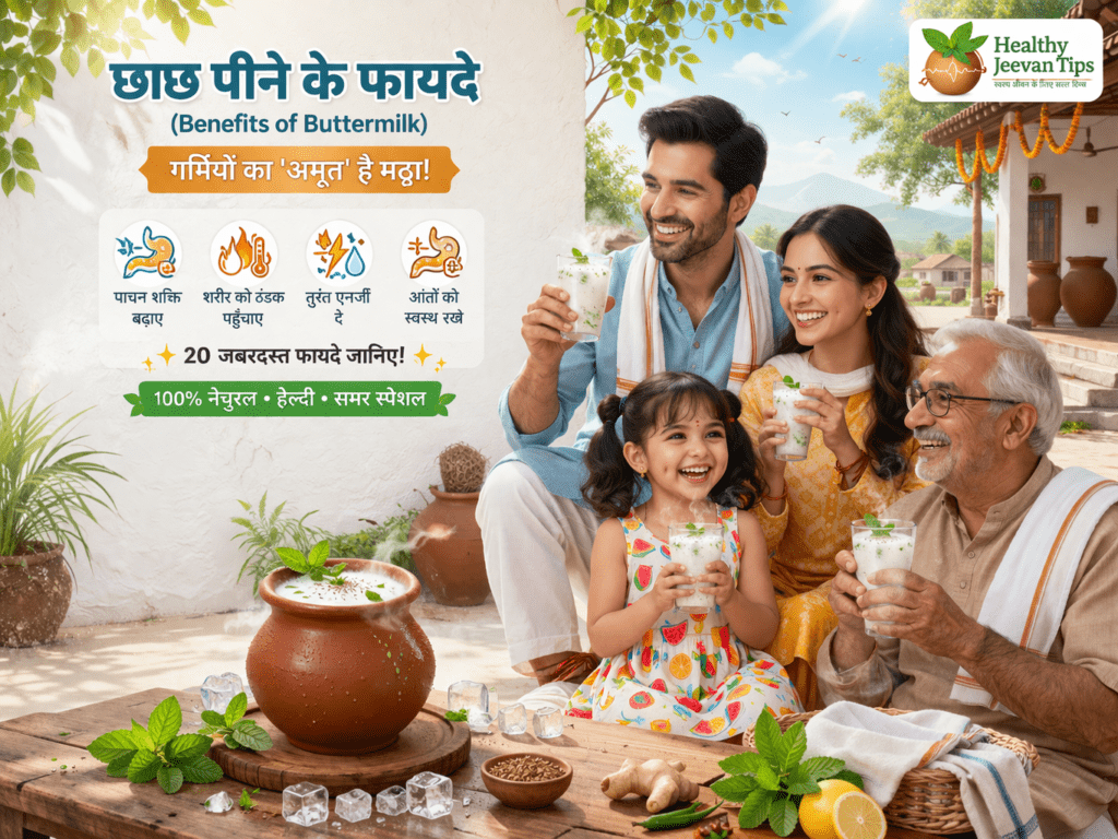 छाछ (Buttermilk) पीते हुए परिवार की इमेज, जिसमें पुरुष, महिला, बच्चा और बुजुर्ग सभी गर्मियों में ताज़गी भरी छाछ का आनंद लेते हुए दिख रहे हैं,