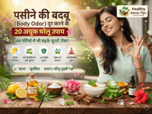 पसीने की बदबू दूर करने के घरेलू उपाय दिखाती हुई इमेज, जिसमें एक महिला, नींबू, नीम, गुलाब, एलोवेरा और अन्य प्राकृतिक सामग्री के साथ Healthy Jeevan Tips लोगो दिखाई दे रहा है।