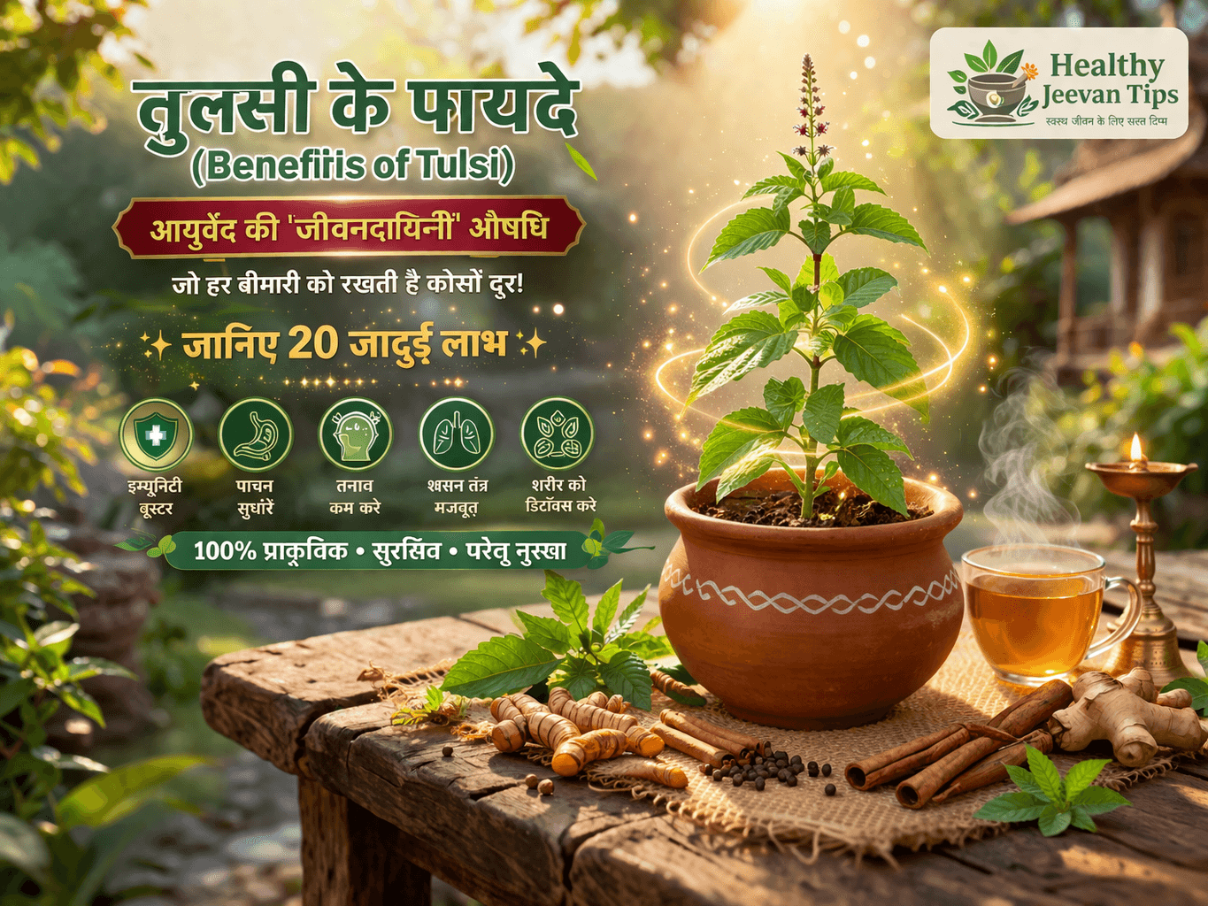 3D स्टाइल में बनाई गई तुलसी के पौधे की आकर्षक इमेज, मिट्टी के गमले में रखी तुलसी के साथ आयुर्वेदिक जड़ी-बूटियाँ, गर्म सुनहरी बैकग्राउंड और “तुलसी के फायदे (Benefits of Tulsi)” टेक्स्ट के साथ हेल्थ थीम ग्राफिक