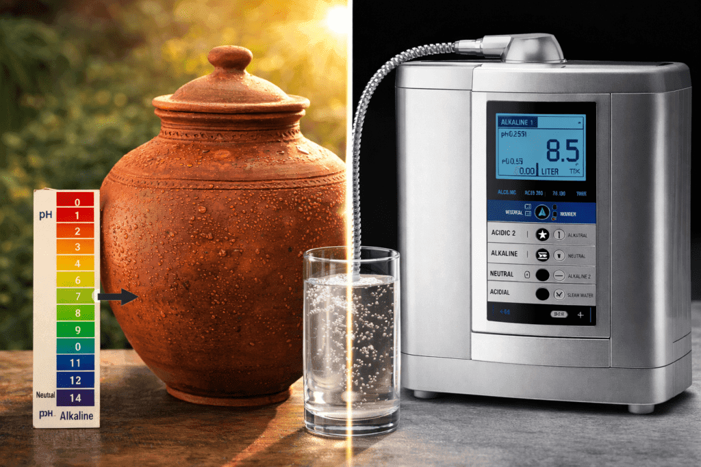 मिट्टी के घड़े और आधुनिक अल्कलाइन वॉटर मशीन की तुलना दिखाती हुई इमेज, जिसमें घड़े के पानी को प्राकृतिक Alkaline Water के रूप में दर्शाया गया है।