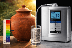 मिट्टी के घड़े और आधुनिक अल्कलाइन वॉटर मशीन की तुलना दिखाती हुई इमेज, जिसमें घड़े के पानी को प्राकृतिक Alkaline Water के रूप में दर्शाया गया है।