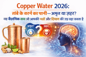 तांबे के बर्तन में रखा पानी (Copper Water) दिखाया गया है, साथ में एक ग्लोइंग ब्रेन और हेल्थ से जुड़े आइकन जो इसके फायदे और नुकसान दोनों को दर्शाते हैं।