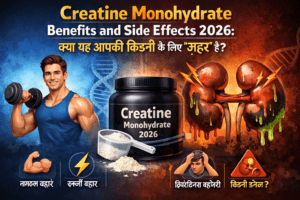 Creatine Monohydrate Benefits and Side Effects 2026 illustration showing muscle growth benefits and kidney damage risk in Hindi