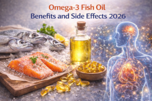 ओमेगा-3 फिश ऑयल (Omega-3 Fish Oil) को दर्शाती इमेज जिसमें ताज़ी मछली, फिश ऑयल कैप्सूल और एक ग्लोइंग मानव शरीर दिखाया गया है, जो इसके स्वास्थ्य लाभ और साइड इफेक्ट्स को दर्शाता है।