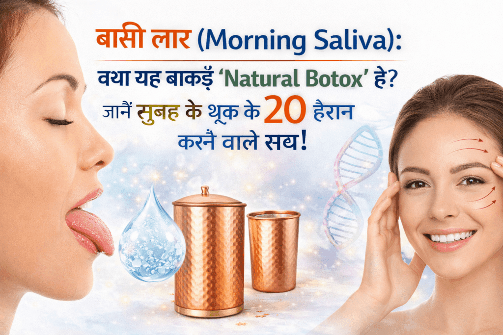 सुबह की बासी लार (Morning Saliva) को दर्शाती इमेज जिसमें एक महिला मुंह से लार दिखाते हुए और दूसरी महिला ग्लोइंग स्किन के साथ दिखाई दे रही है, साथ में तांबे का बर्तन और हेल्थ से जुड़े ग्राफिक्स।