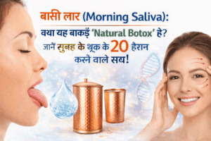 सुबह की बासी लार (Morning Saliva) को दर्शाती इमेज जिसमें एक महिला मुंह से लार दिखाते हुए और दूसरी महिला ग्लोइंग स्किन के साथ दिखाई दे रही है, साथ में तांबे का बर्तन और हेल्थ से जुड़े ग्राफिक्स।